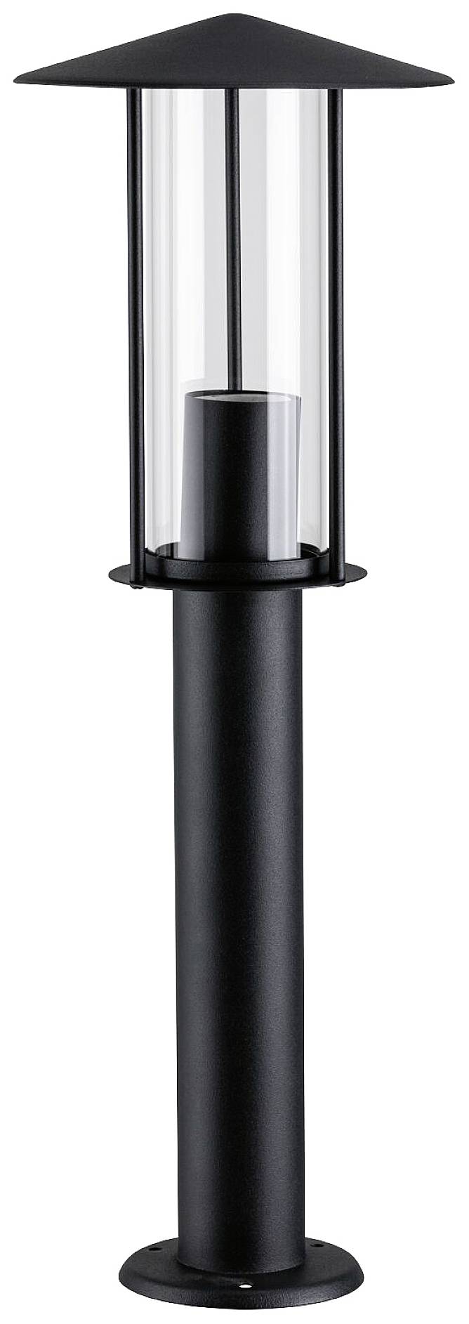 Black, contemporary outdoor wall light with transparent glass cylinder and conical roof, suitable for garden or pathway lighting.