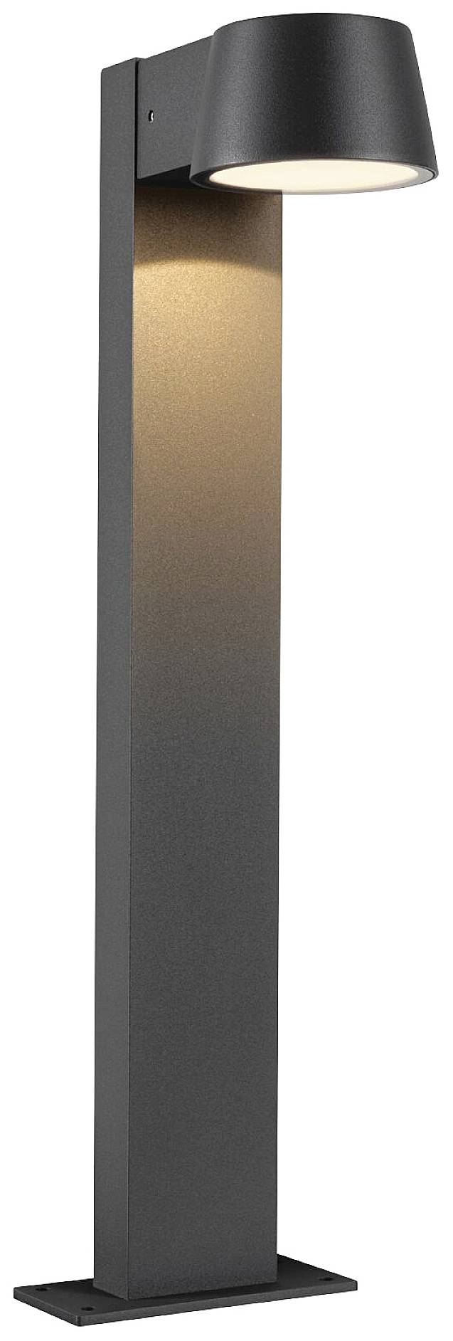 A modern black floor lamp with a rectangular pillar and circular lampshade. The lamp shines downwards for indirect lighting.
