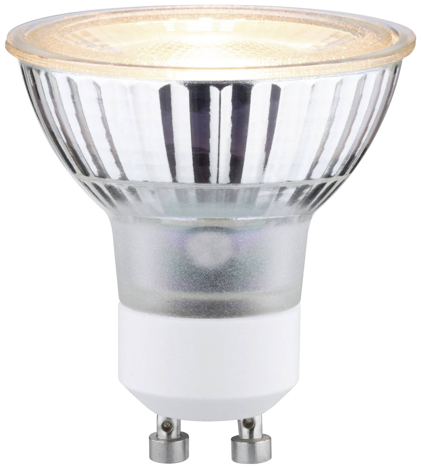 A LED light bulb with a GU10 fitting, emitting a radiantly warm light. It is energy-efficient and suitable for use in recessed lighting.
