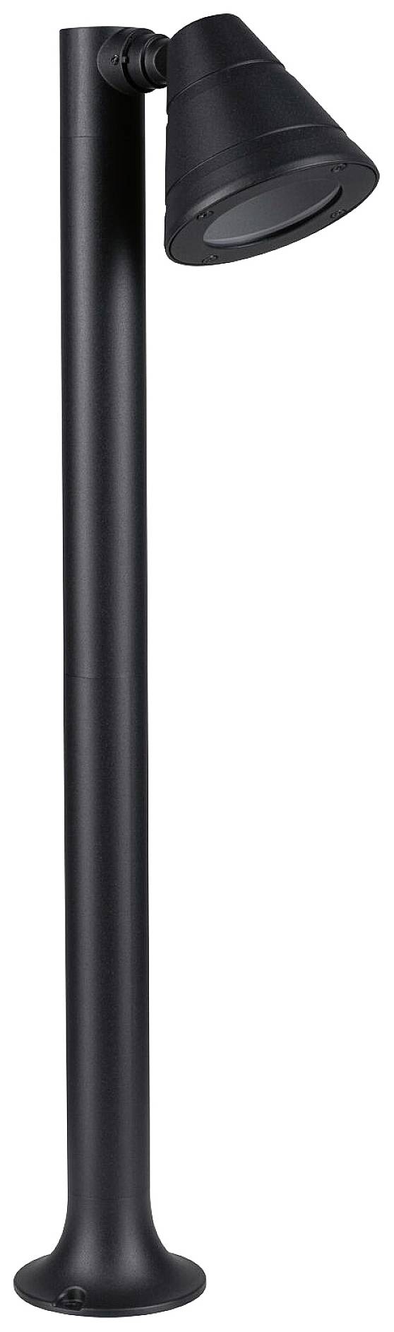 A black outdoor light with an adjustable head, mounted on a slender, tall post, suitable for garden lighting.
