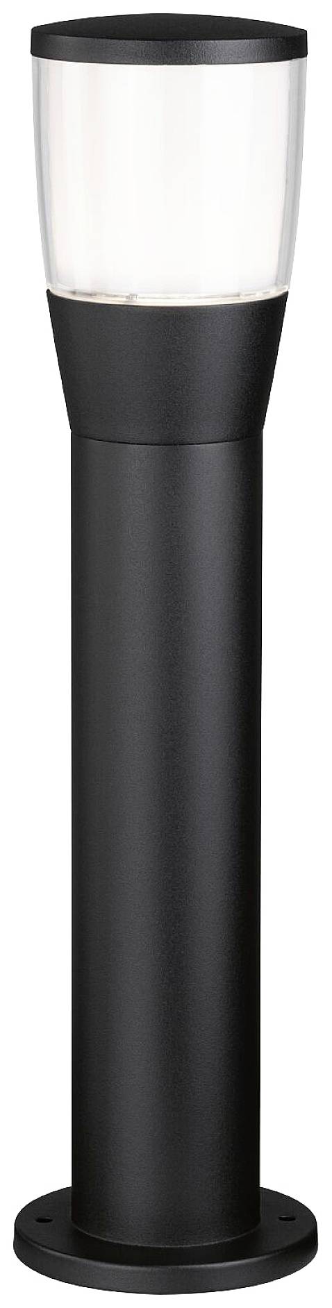 A black, modern standing lamp with a cylindrical base and clear shade. Ideal for outdoor areas such as garden paths or patios.