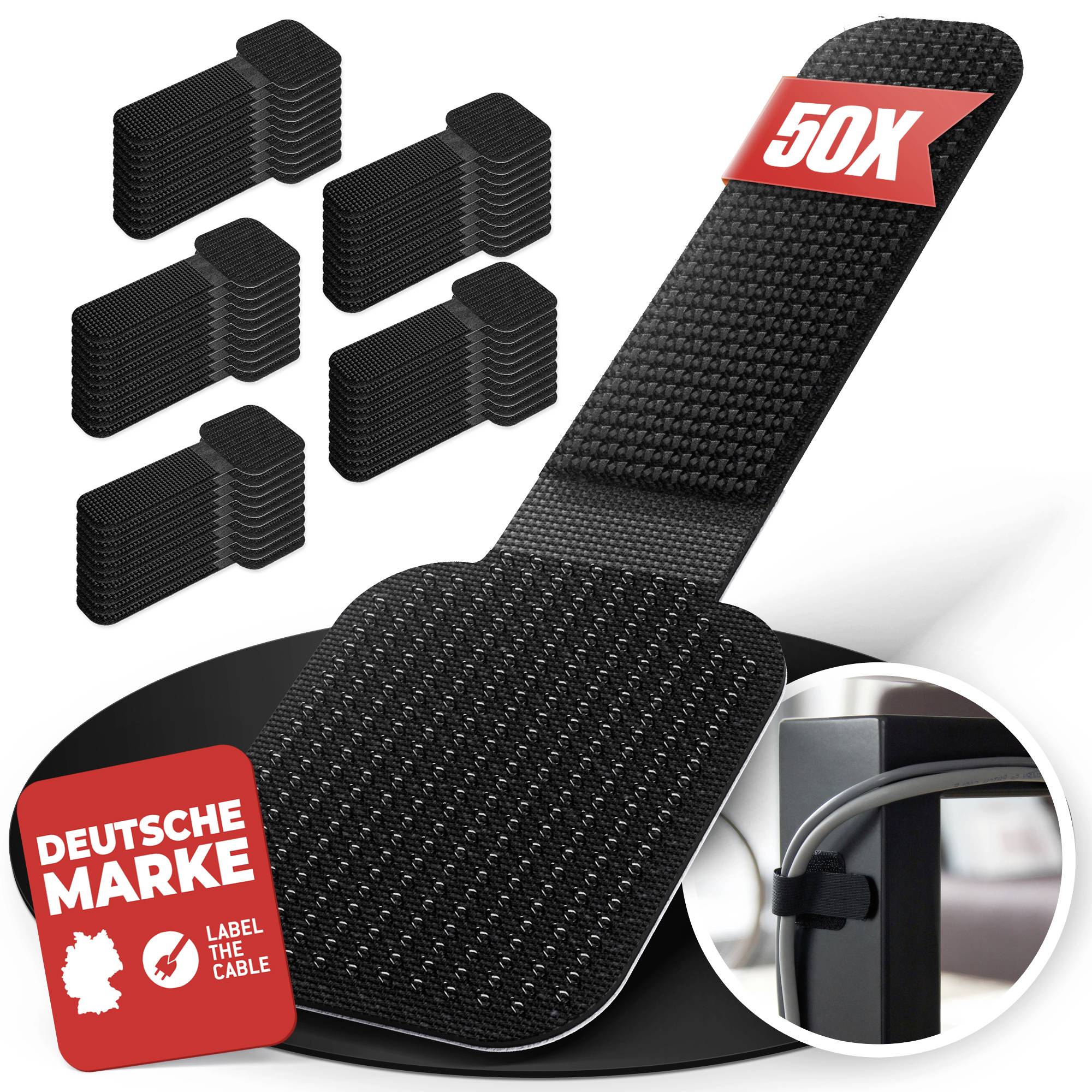 Schwarze Klebstoffkabelbinder und große wiederverwendbare Riemen zum Organisieren von Kabeln, gekennzeichnet mit '50X' und 'DEUTSCHE MARKE', gezeigt mit einem Monitorkabel in Gebrauch.