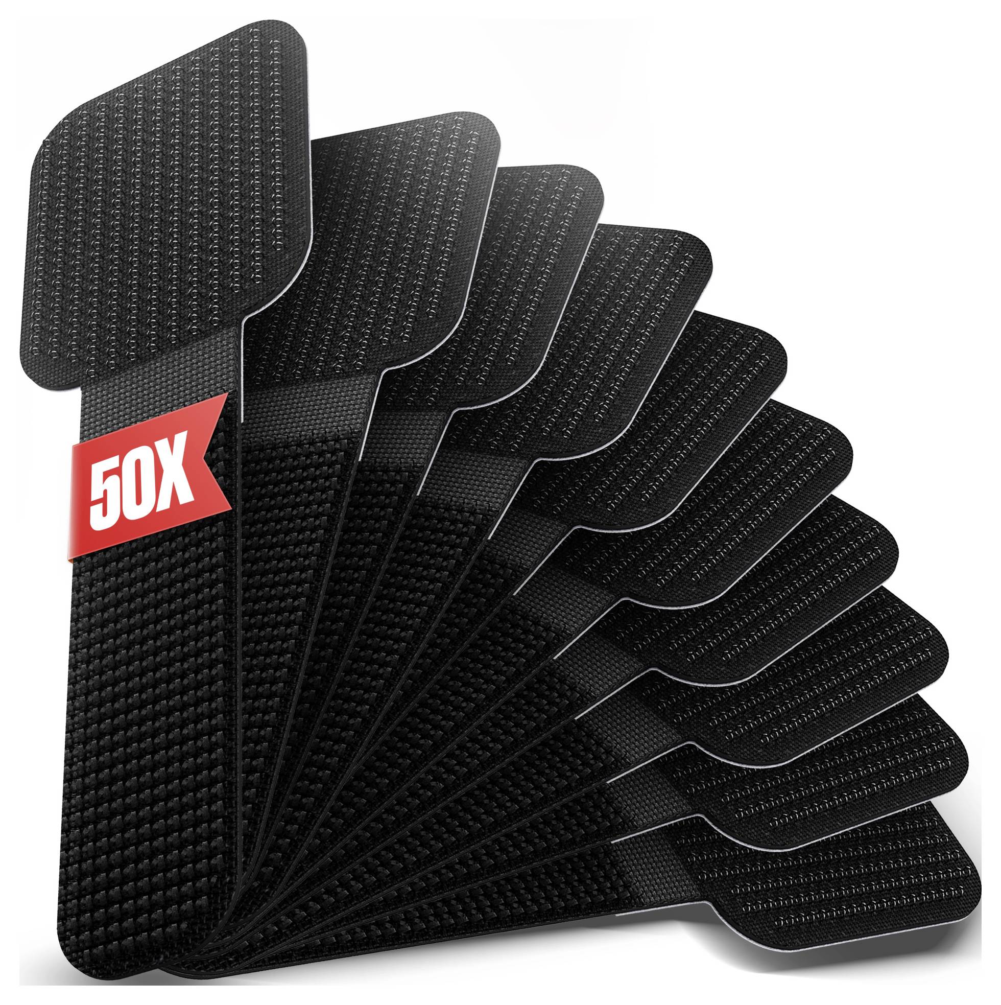 Stack of black textured adhesive straps or pads fanned out, with a red '50X' label indicating a 50-pack.