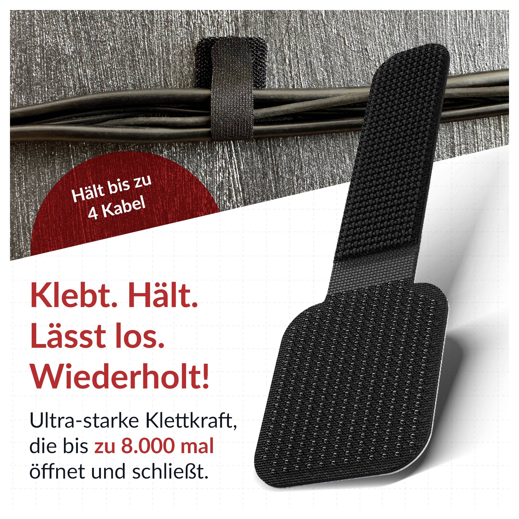 Black adhesive cable organizer holds up to four cables; German ad says 'Klebt. Hält. Lässt los. Wiederholt!' and 'up to 8,000 uses.'