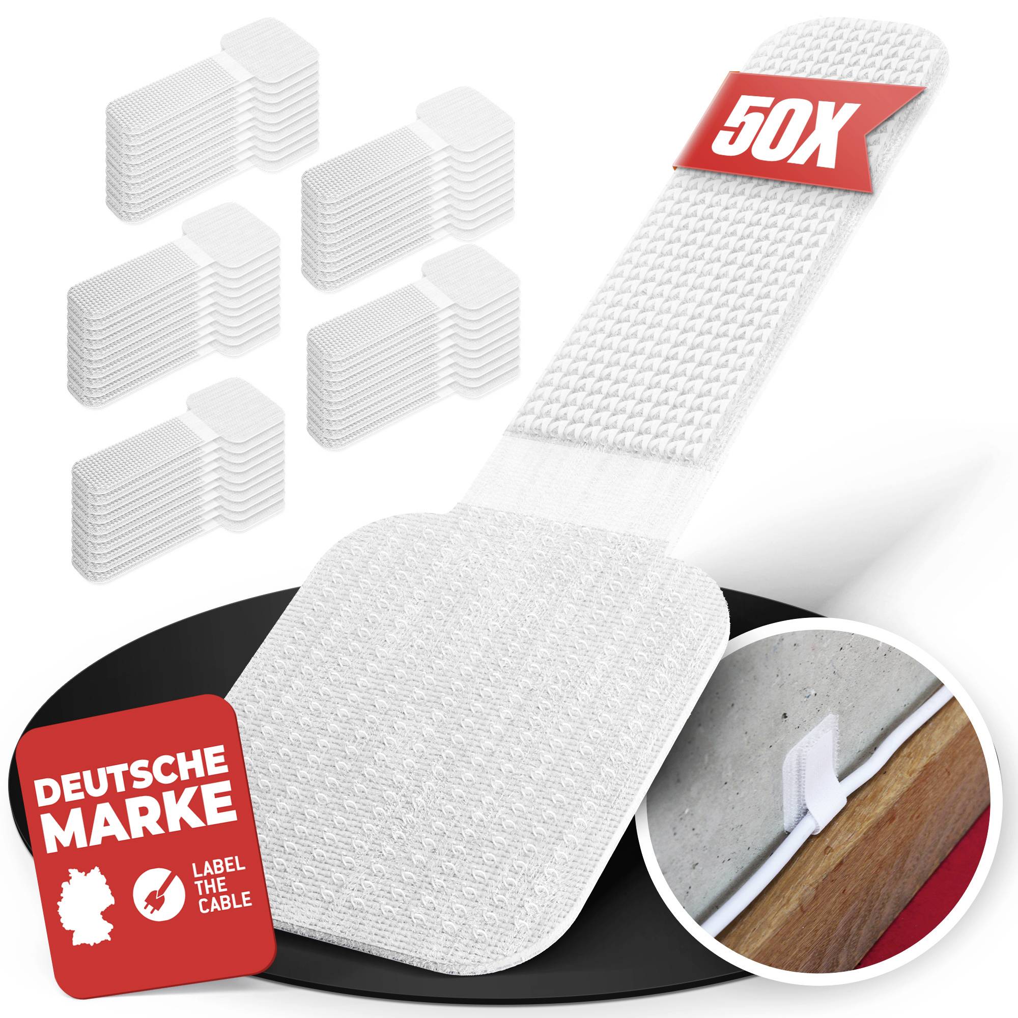 White adhesive cable labels, shown in a pack with a sample label wrapped around a cable and a close-up of attachment on a wire against wood.