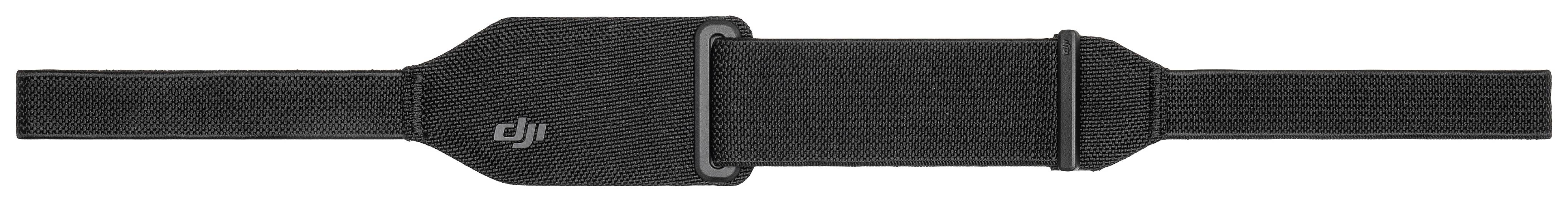 Black camera strap with adjustable length and padding, bearing a company logo. Designed for comfortable equipment carrying.