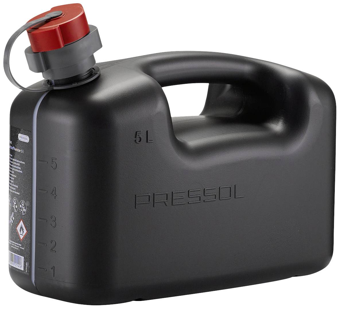 A black 5-litre jerry can with a red screw cap and side measuring scale. 'PRESSOL' is printed on the side.