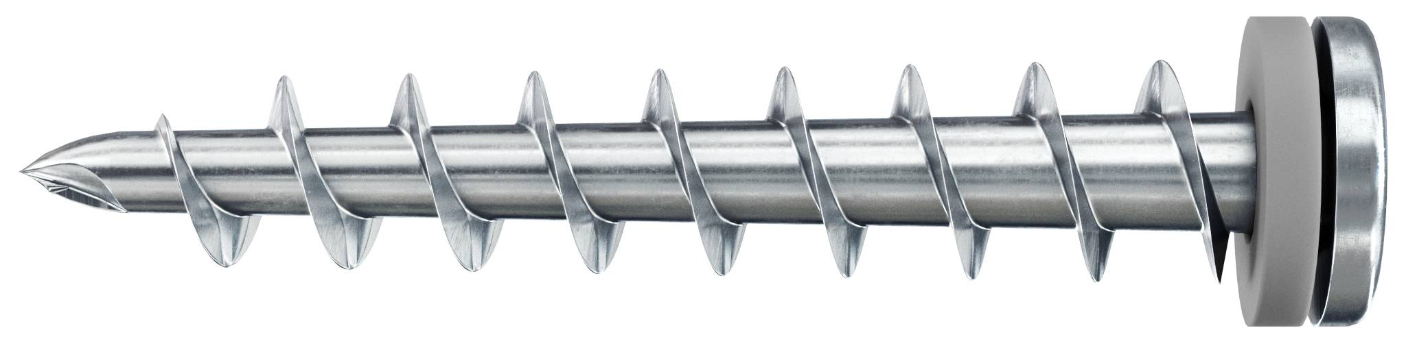 A shiny metal wall plug with a spiral thread and a flat head, suitable for fixing into solid materials.