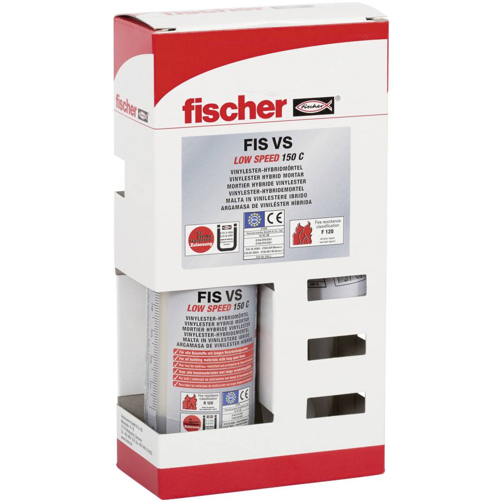 Fischer construction adhesive set named 'FIS VS', suitable for concrete and masonry applications, in a white and red cardboard packaging.