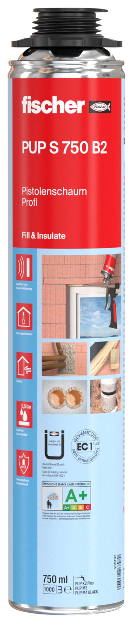 A canister of Fischer PUP S 750 B2 expanding foam insulation. Label shows usage for gaps and joints with images and safety icons.