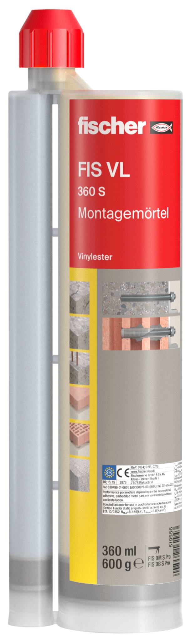 Cartridge with red label and inscription 'fischer FIS VL 360 S installation mortar'. Suitable for various building materials.
