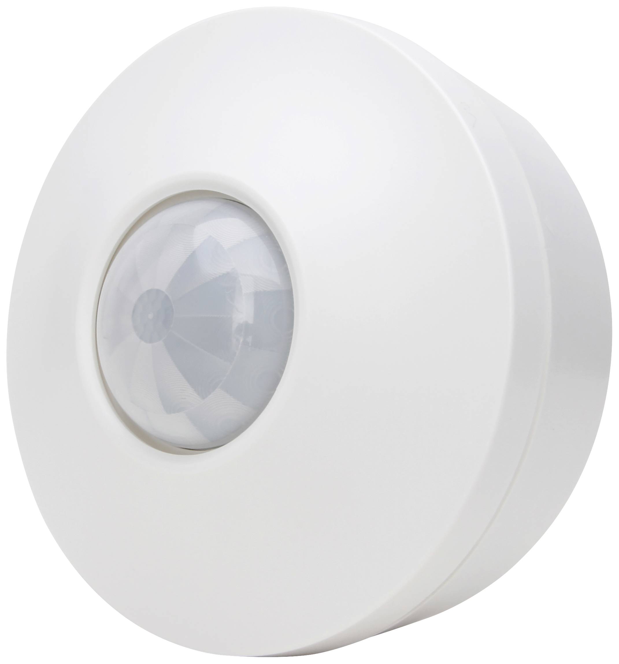 A round, white motion sensor with a transparent dome in the centre, suitable for detecting movement in indoor spaces.