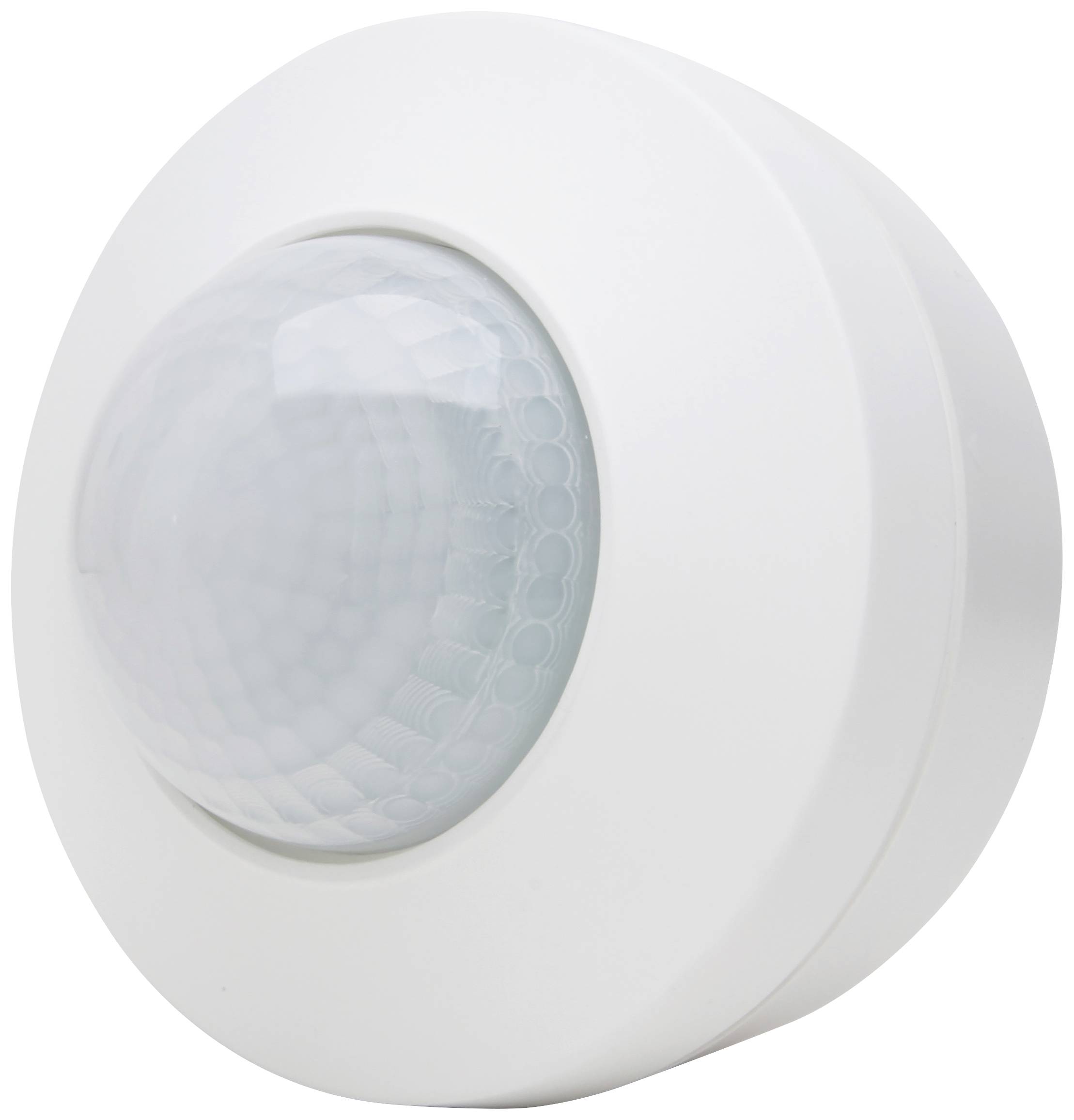 Round white motion sensor with a curved, textured sensor in the centre, for wall or ceiling mounting.