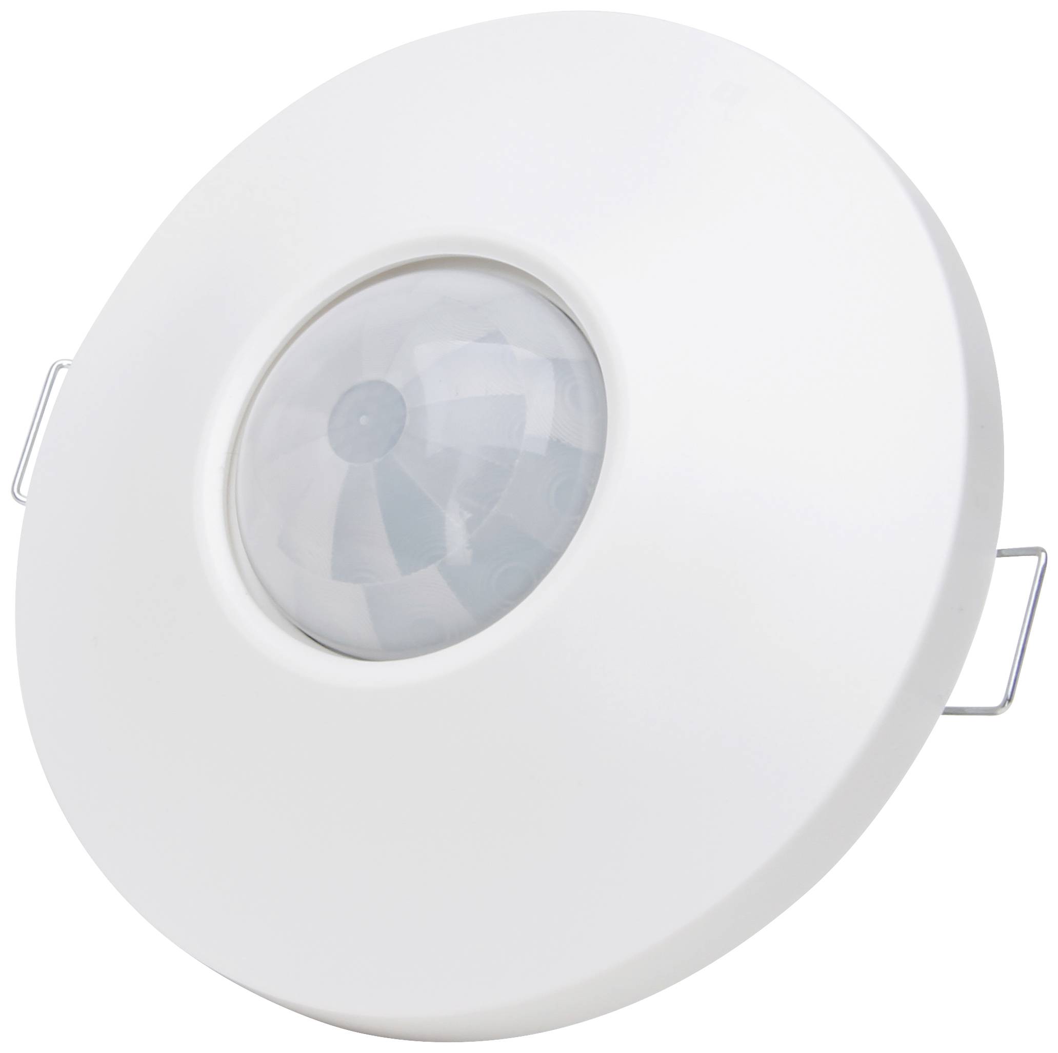 A round, white ceiling motion sensor with a central sensor in the middle, mounted on a circular plate.