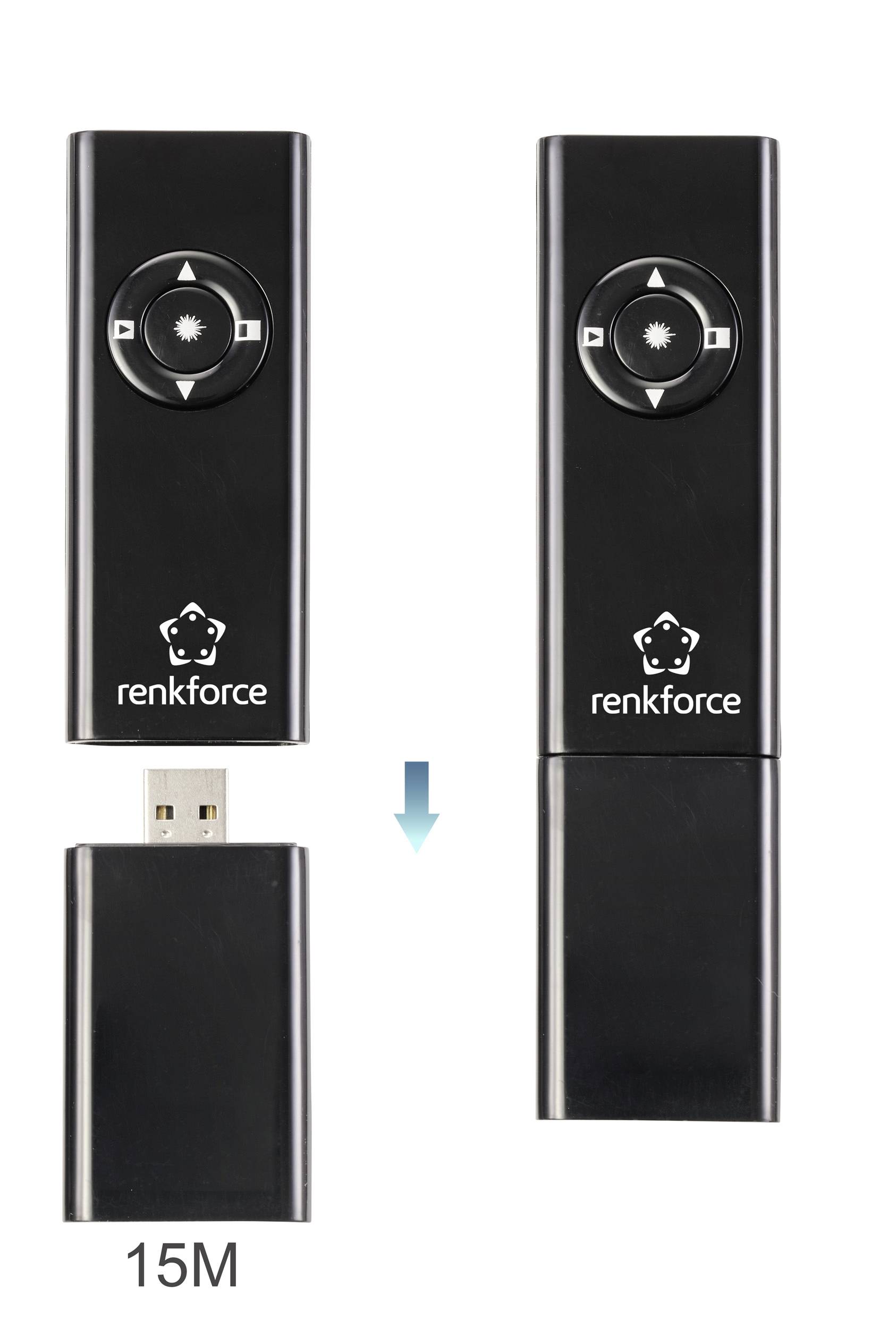 Two black Renkforce remote controls. One shows a removable USB plug. Top: directional pad, logo. Bottom: '15M'.