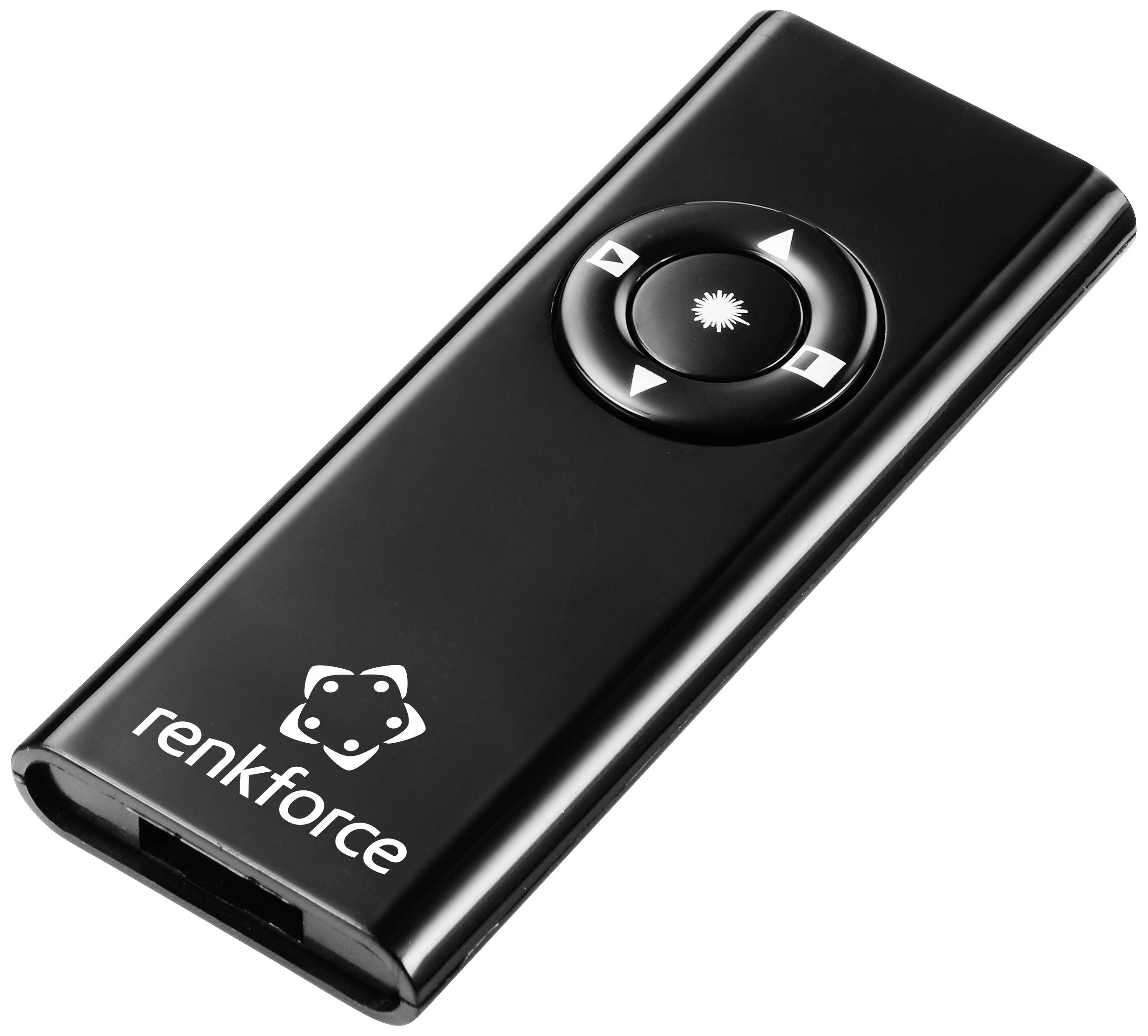 Black Renkforce remote control with arrow keys and central laser button, suitable for presentations.