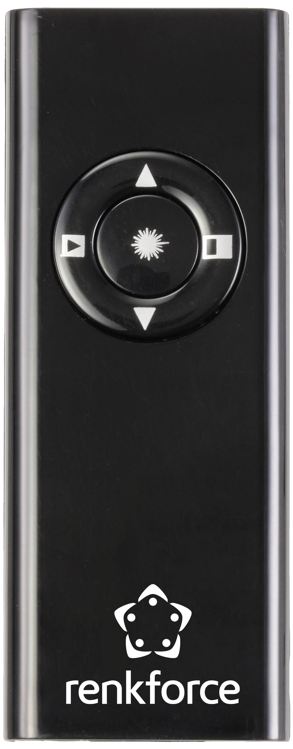 Black remote control with a directional button in the centre and 'renkforce' logo at the bottom. Used for controlling devices.