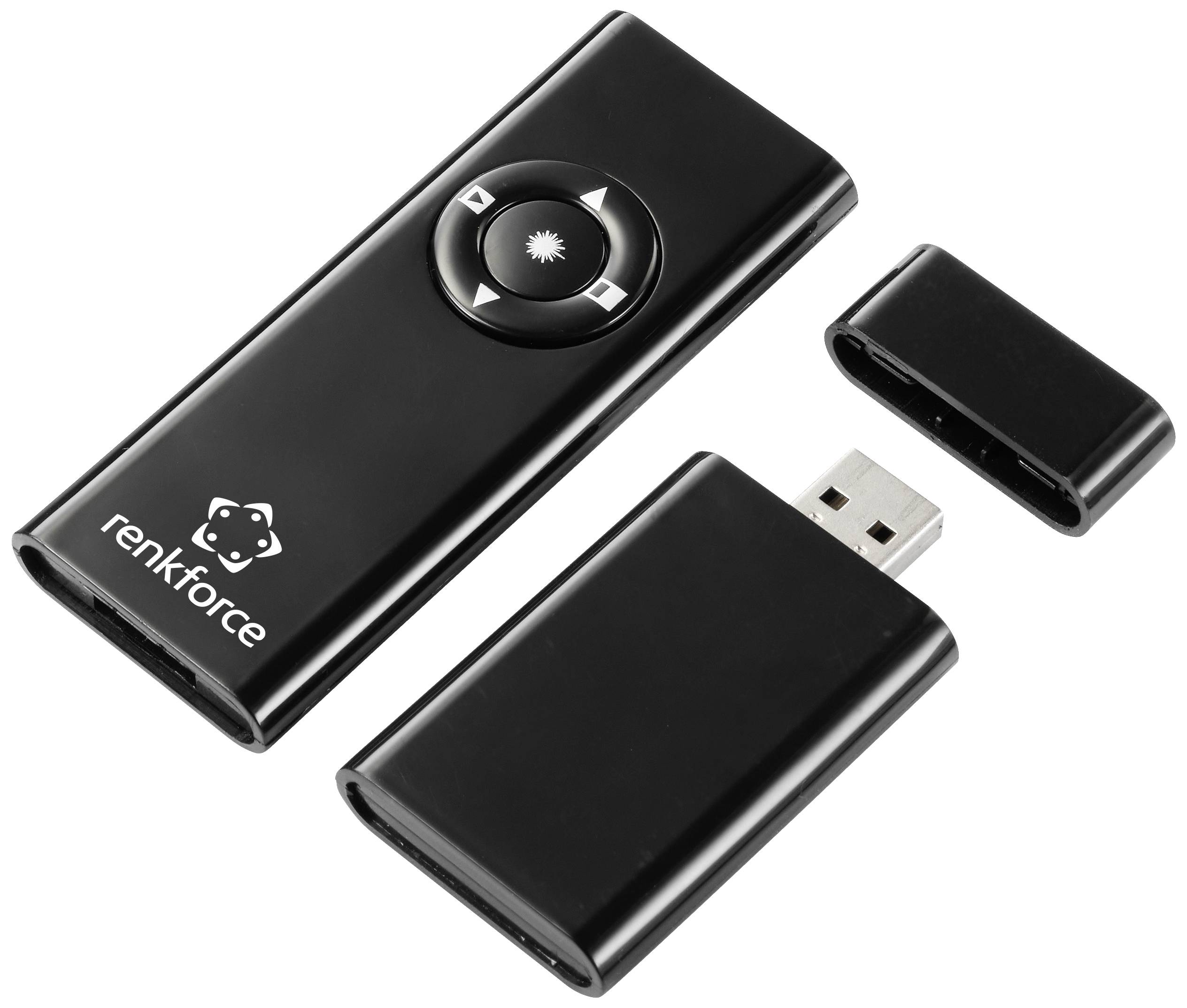 Black wireless USB presenter with control buttons and a detachable USB receiver. Suitable for presentations.