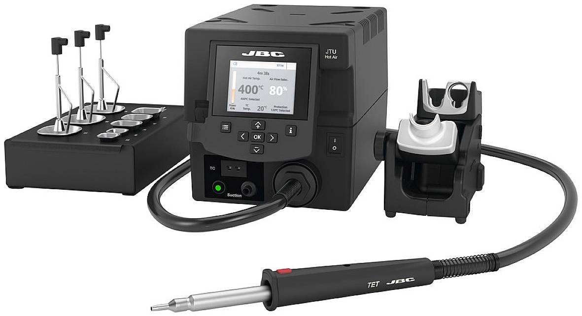 A soldering station set with a digital display shows 400 degrees Celsius and 80% power. Includes stand and accessories for soldering work.