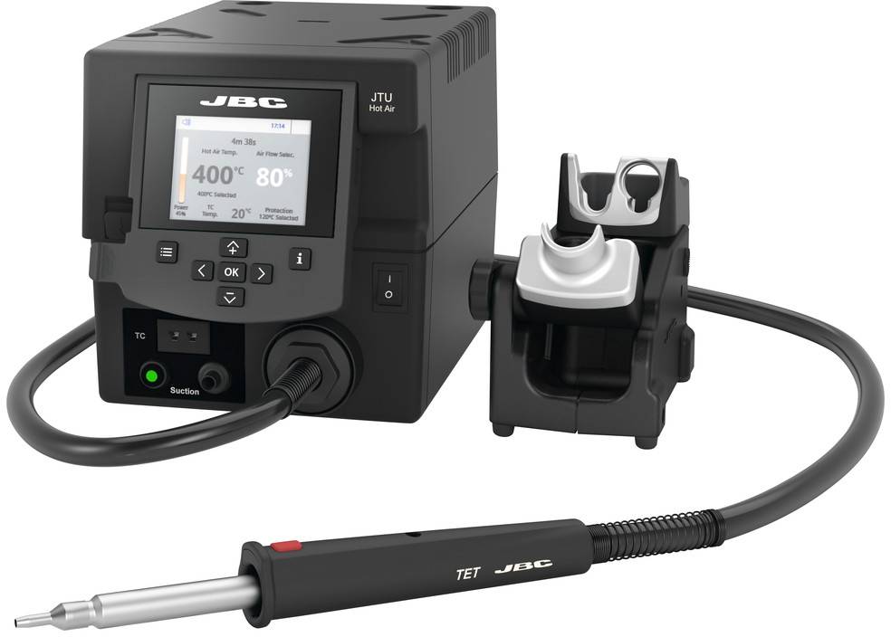 Soldering station with digital display showing temperature, set to 400°C and currently at 350°C, with soldering iron placed in its holder.