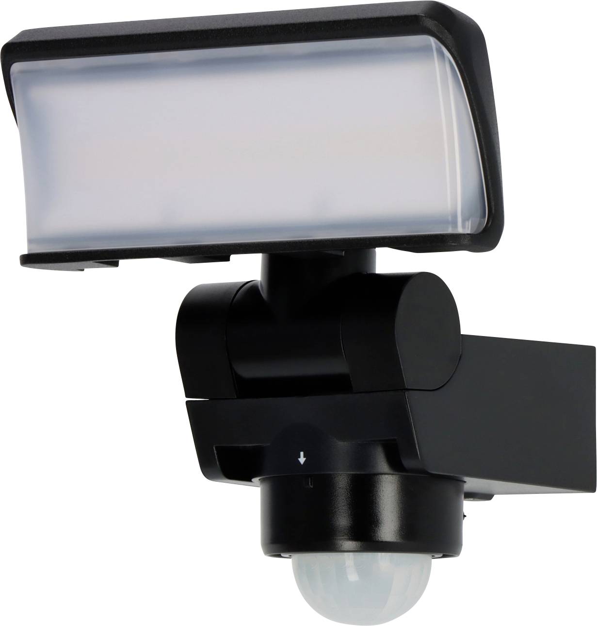 Black outdoor motion-sensor security light with rectangular lamp head and round sensor mounted on a bracket.
