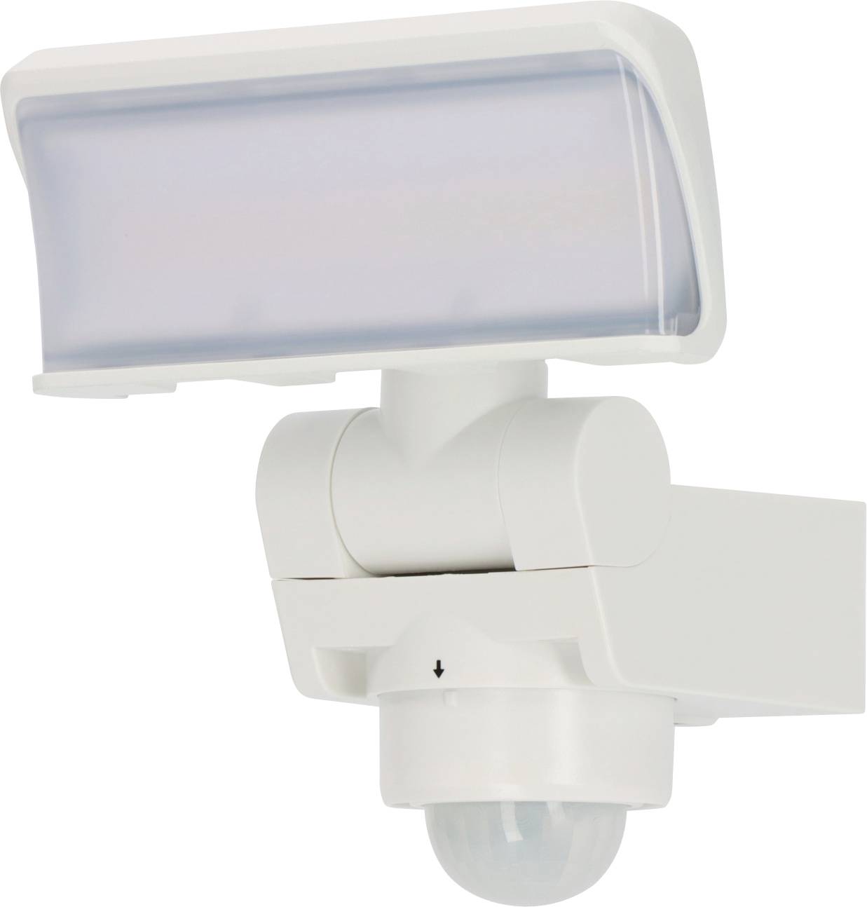 Wall-mounted outdoor light with rectangular frosted shade and motion sensor below.
