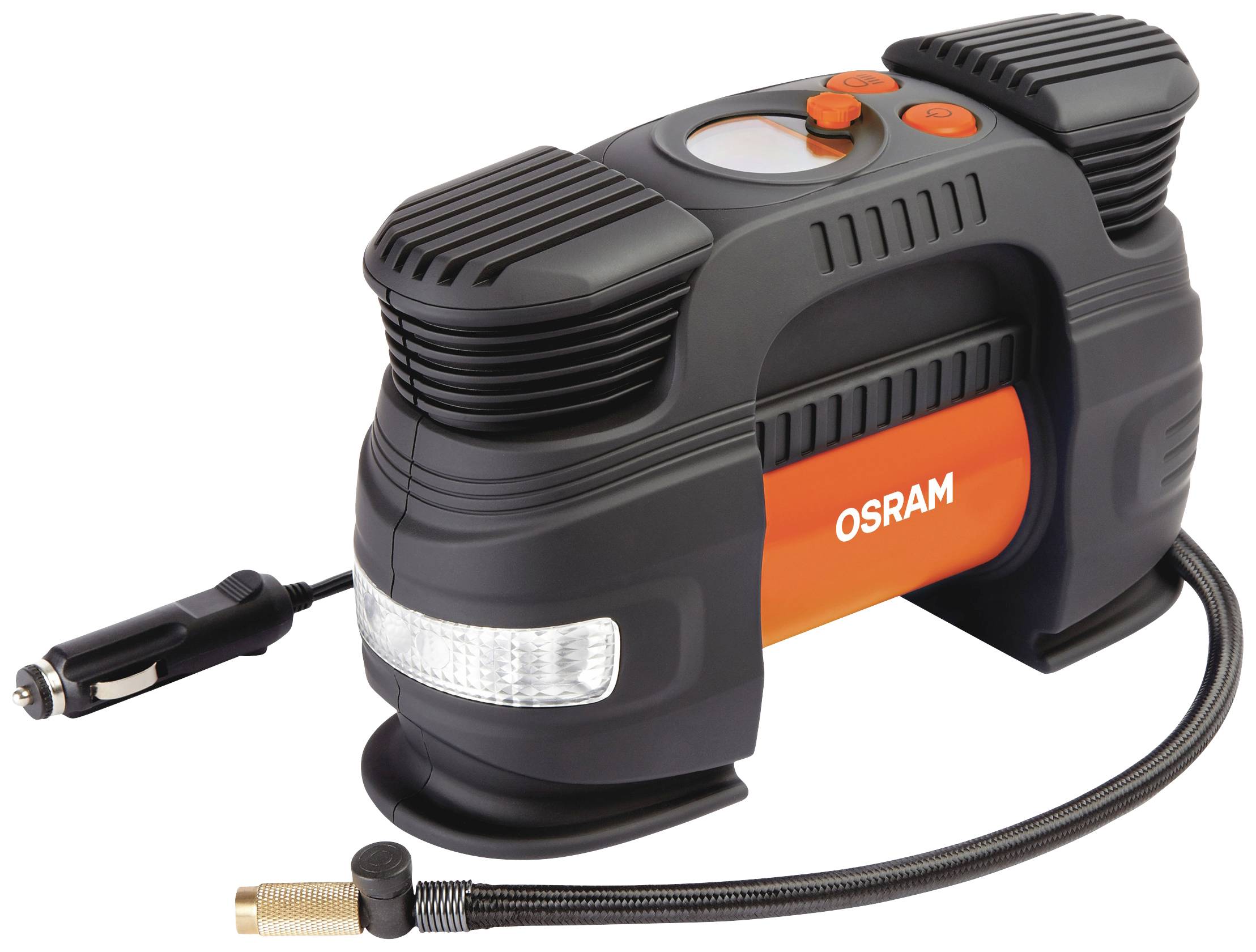 Portable tyre compressor in black and orange, with the 'OSRAM' brand on the side. Designed for connection to a cigarette lighter socket.