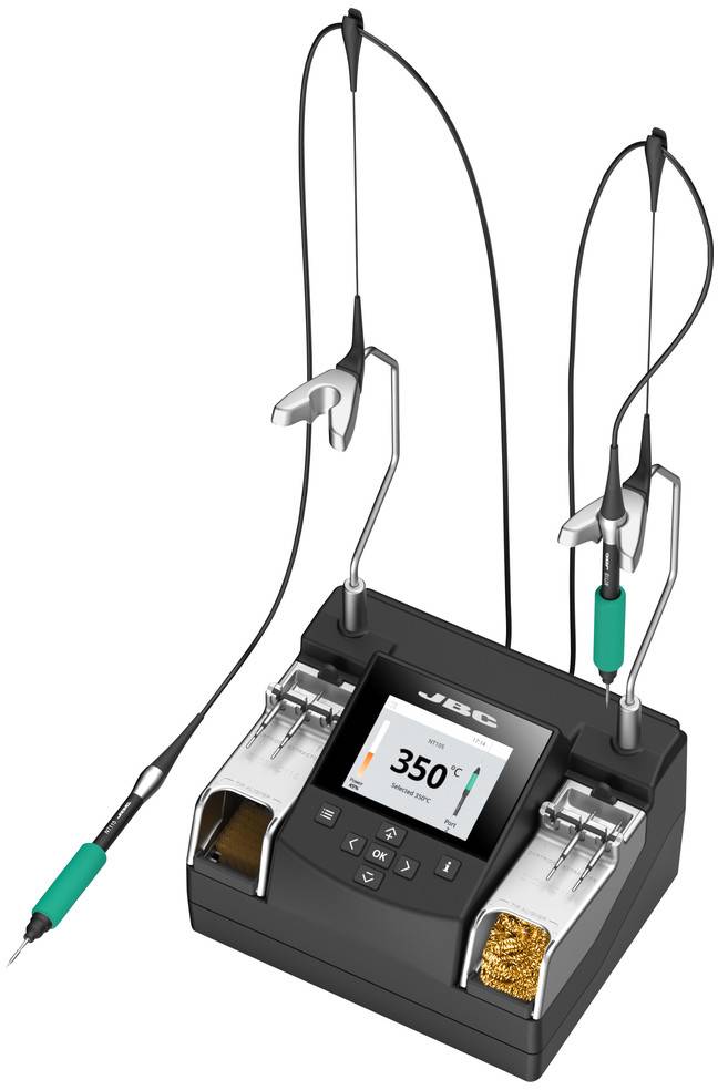 A soldering iron with two soldering tips, display in the centre showing '350°'. Metal brush on the right side for cleaning.