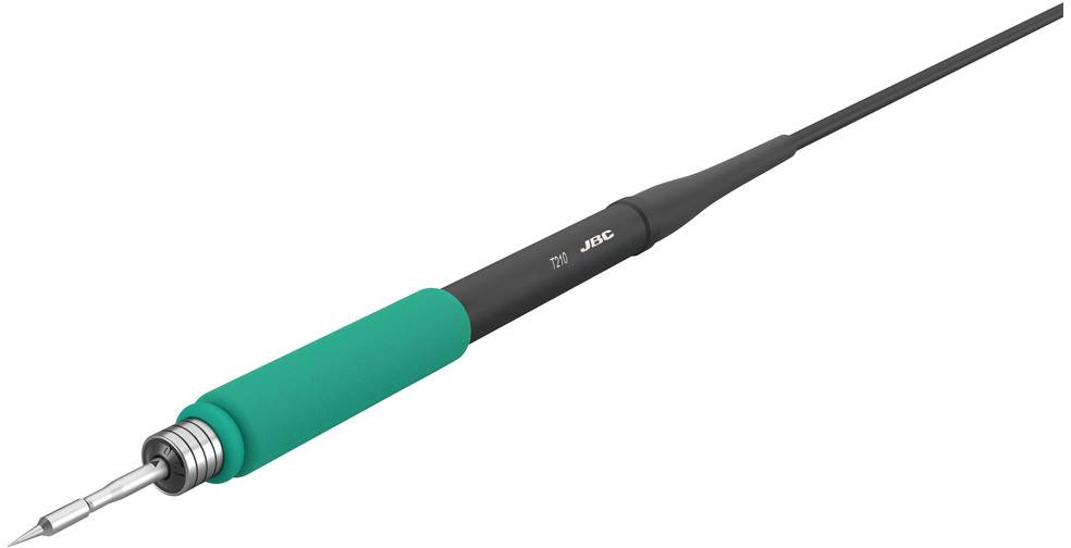 A soldering iron with a green handle and a pointed tip is shown from the side. Suitable for precise soldering work.