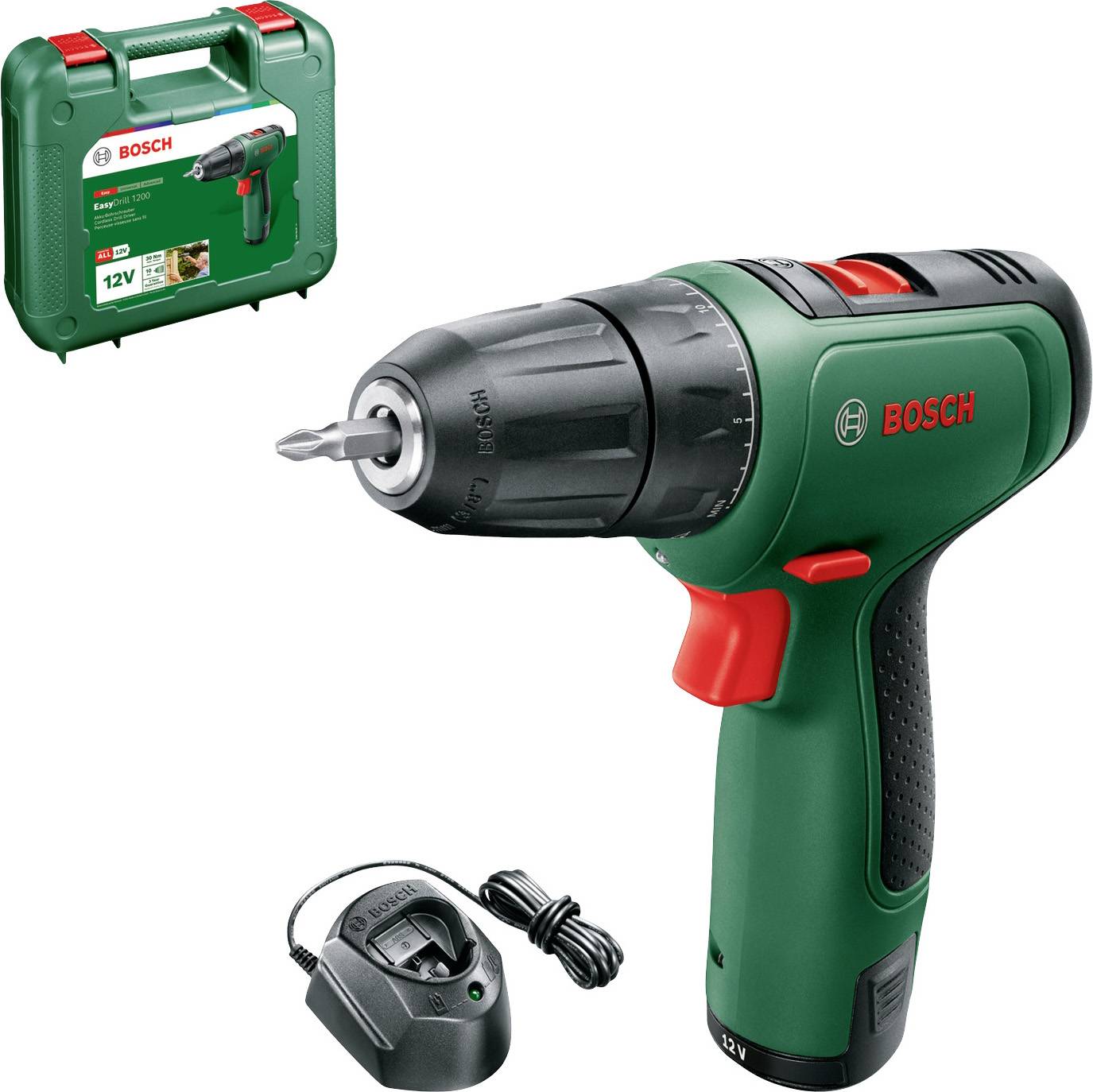 Cordless Drill Set: Bosch green/black cordless drill with charger and tool case, pictured with its accessories.