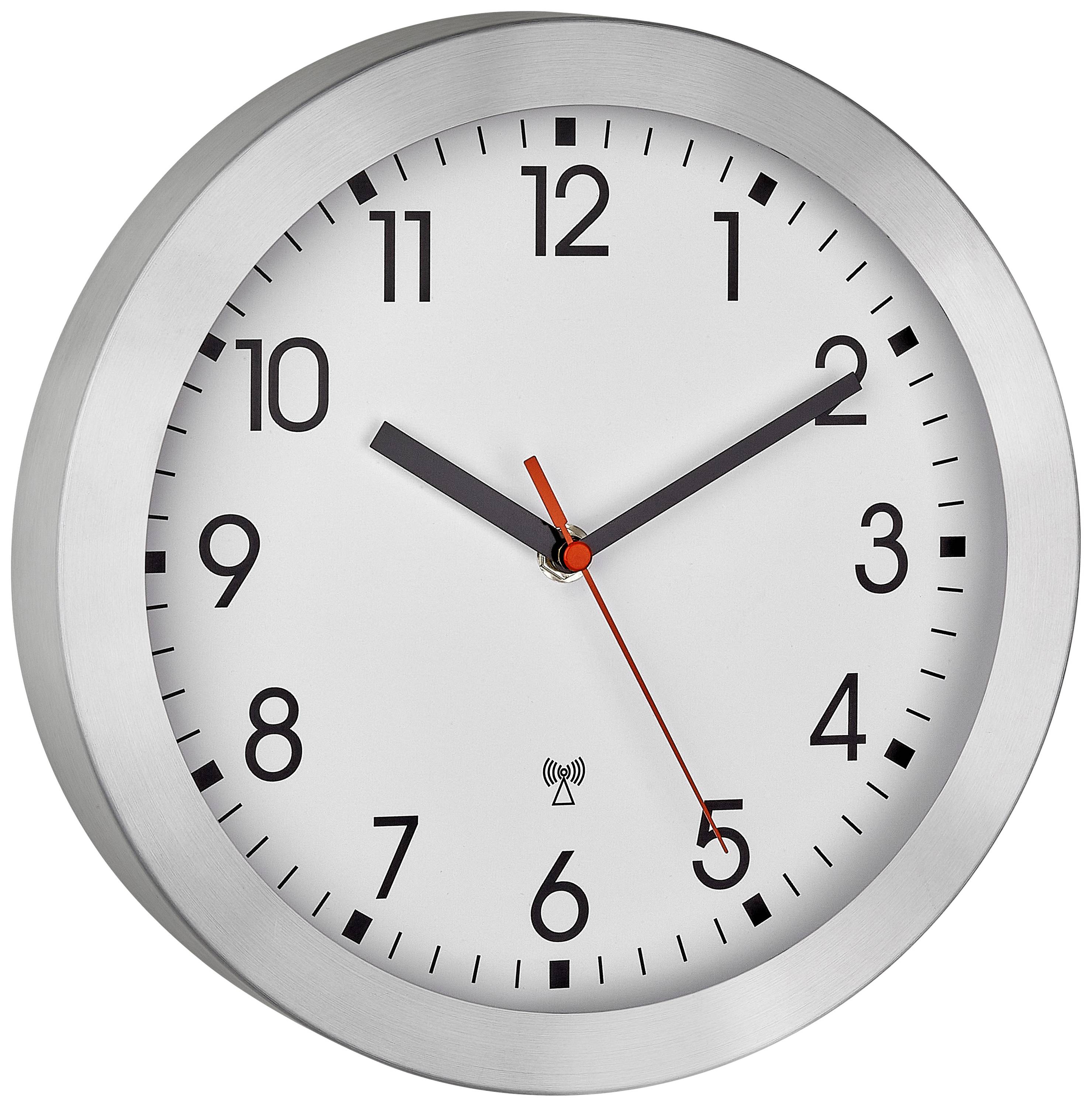 An analogue radio-controlled clock with a metallic frame shows 2:10. The clock has black hour and minute hands, and a red second hand.