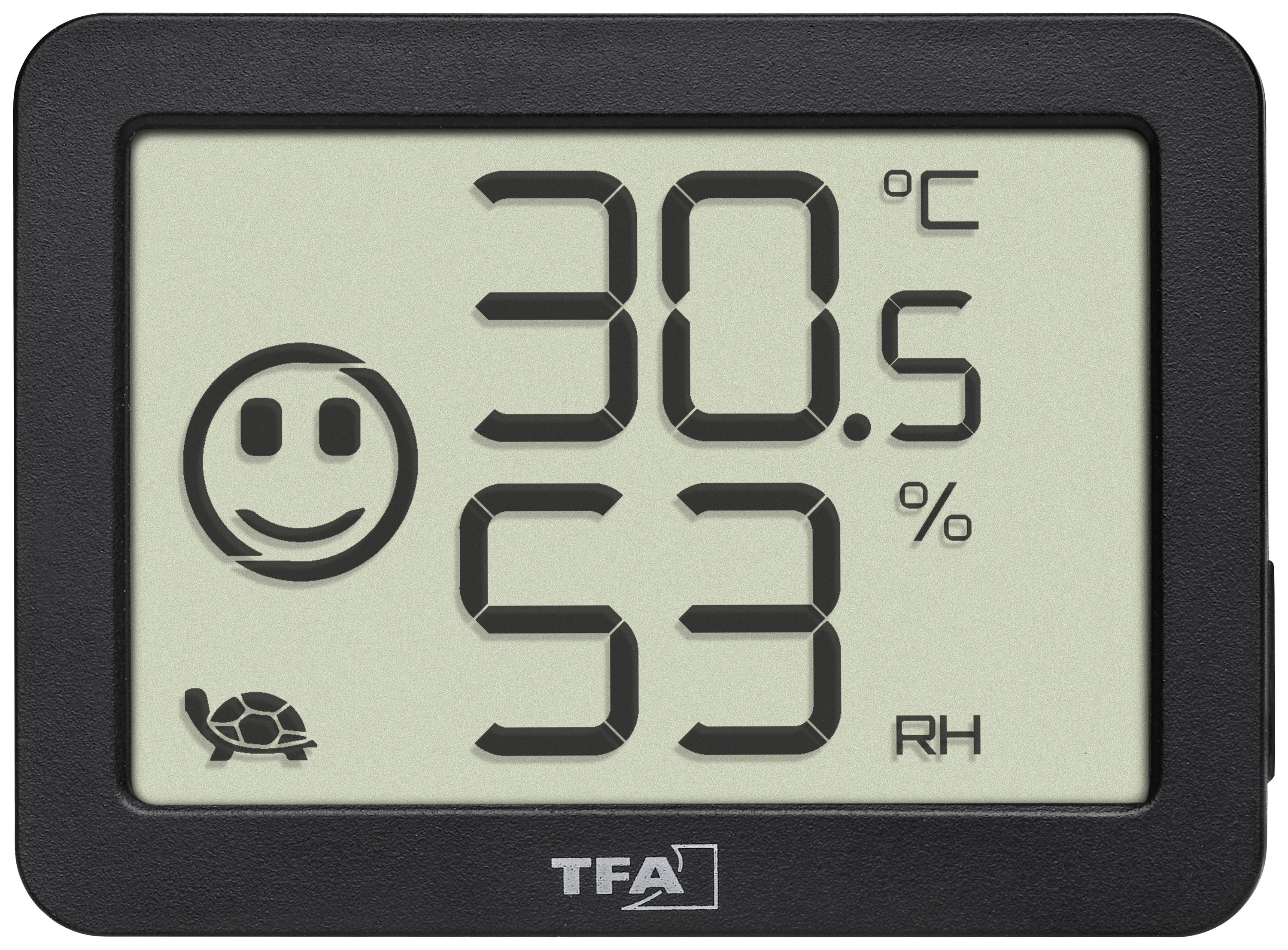 Digital thermometer shows 30.5 degrees Celsius and 53 percent humidity. Smiley symbol and tortoise beside it.
