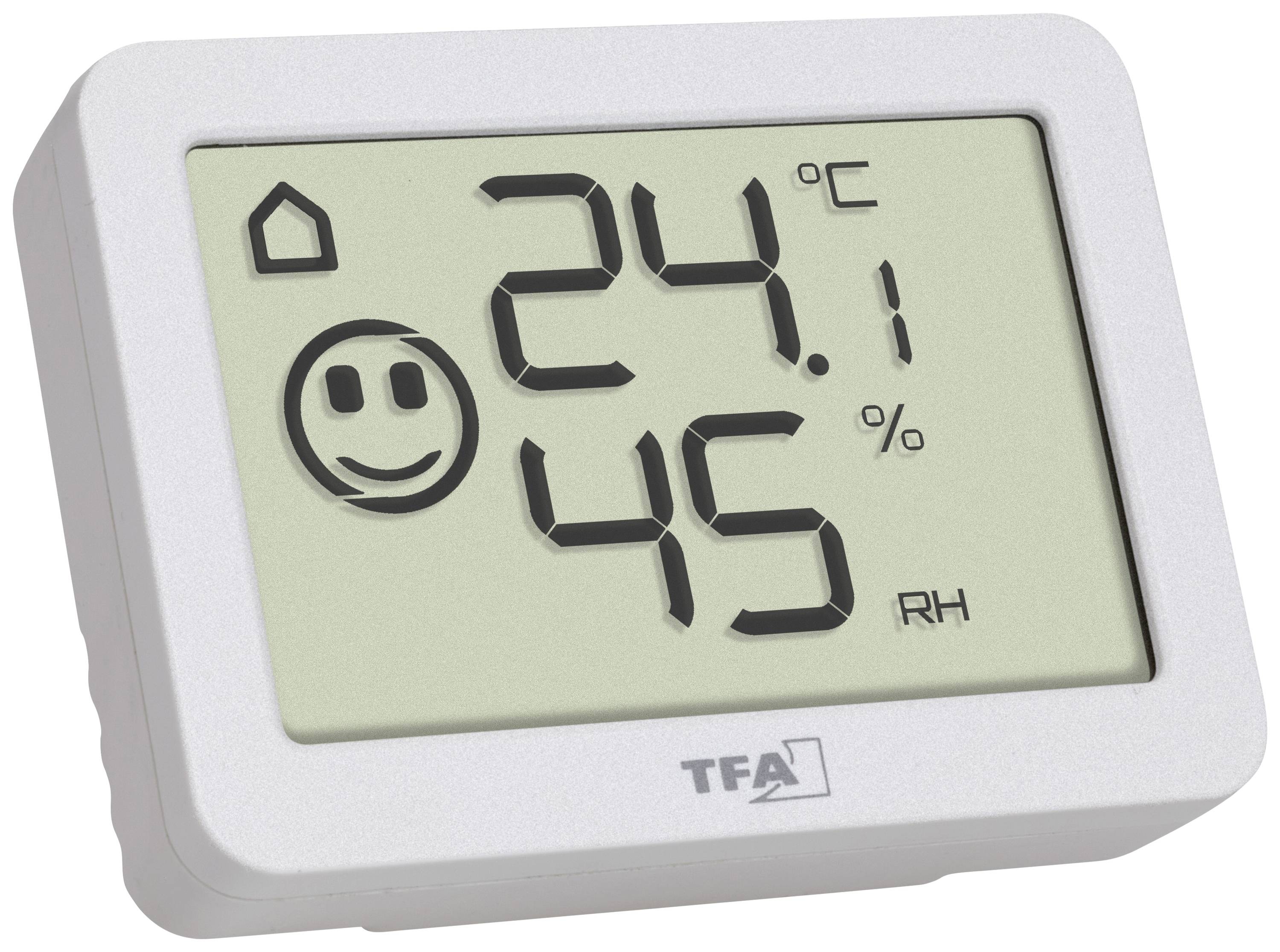 Digital thermo-hygrometer showing 24.1 degrees Celsius and 45% relative humidity, with a smiling smiley symbol.