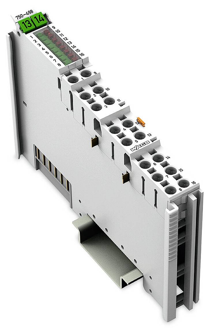 A slim, grey electrical module for mounting on a DIN rail. It has connections at the top and a green LED indicator.