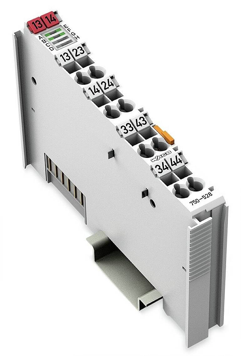 Electrical terminal block with multiple numbered connections, suitable for mounting on a DIN rail, with an orange side locking mechanism.