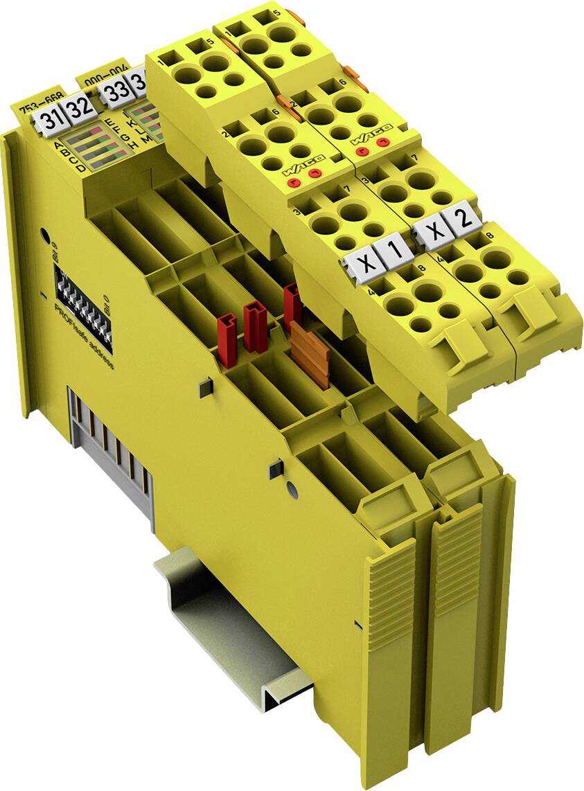Yellow safety terminal blocks mounted on DIN rail, labelled with X1, X2, TRCU..SSR; connection cables visible.