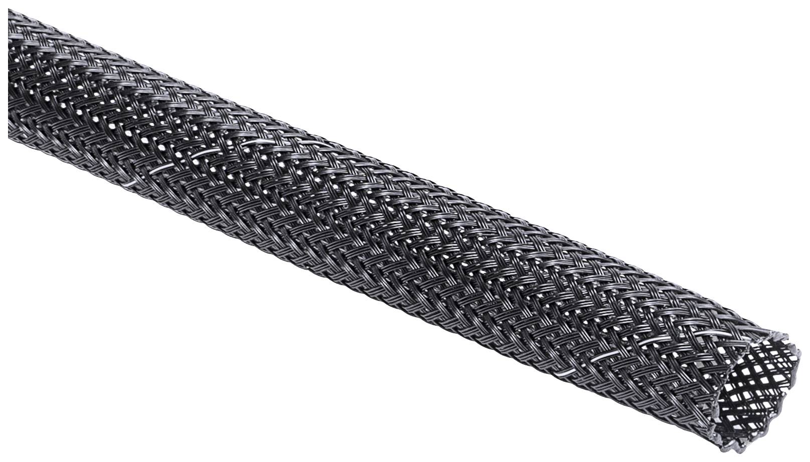 A black, braided cable sleeve made of synthetic material, flexible and suitable for protecting cables from abrasion.