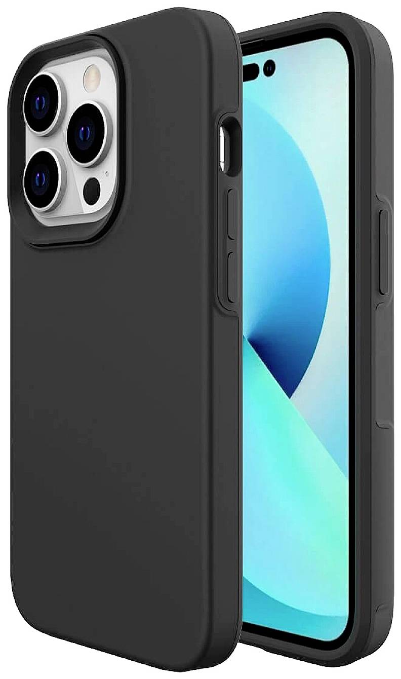 A black smartphone with a robust casing, camera with four lenses. The screen displays a blue background image.