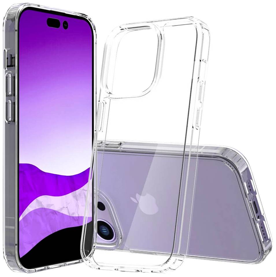 A smartphone with a purple screen and a transparent protective case beside it. The case shows the camera opening and buttons.