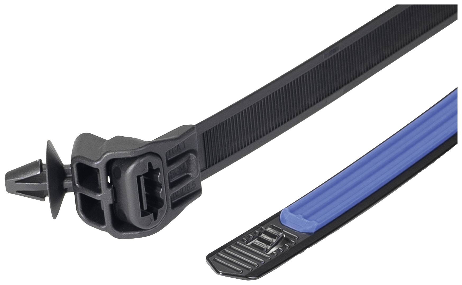 A cable tie with an integrated fastening element and blue protective coating, suitable for securely bundling and securing cables.