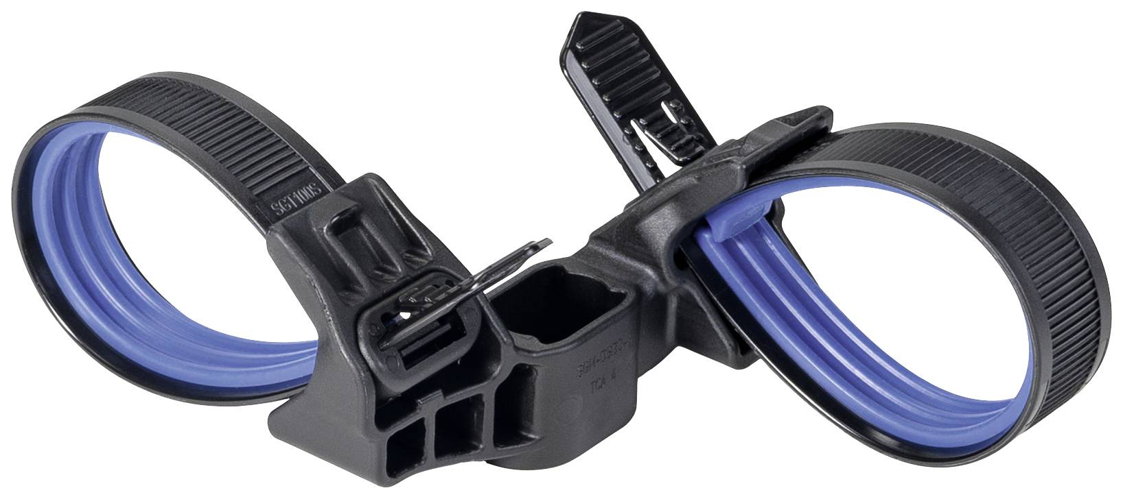 A black and blue accessory item, likely a ski attachment device, with adjustable rubber straps and plastic fastenings.