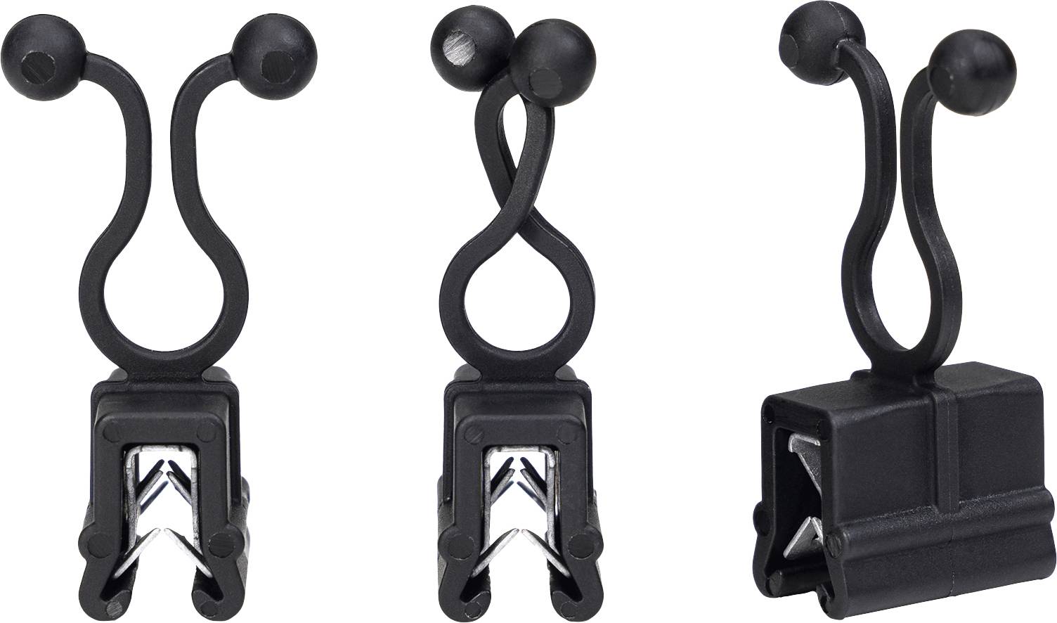 Three identical black clamps with sweeping handles and gleaming metal springs, shown from the front, side, and rear.