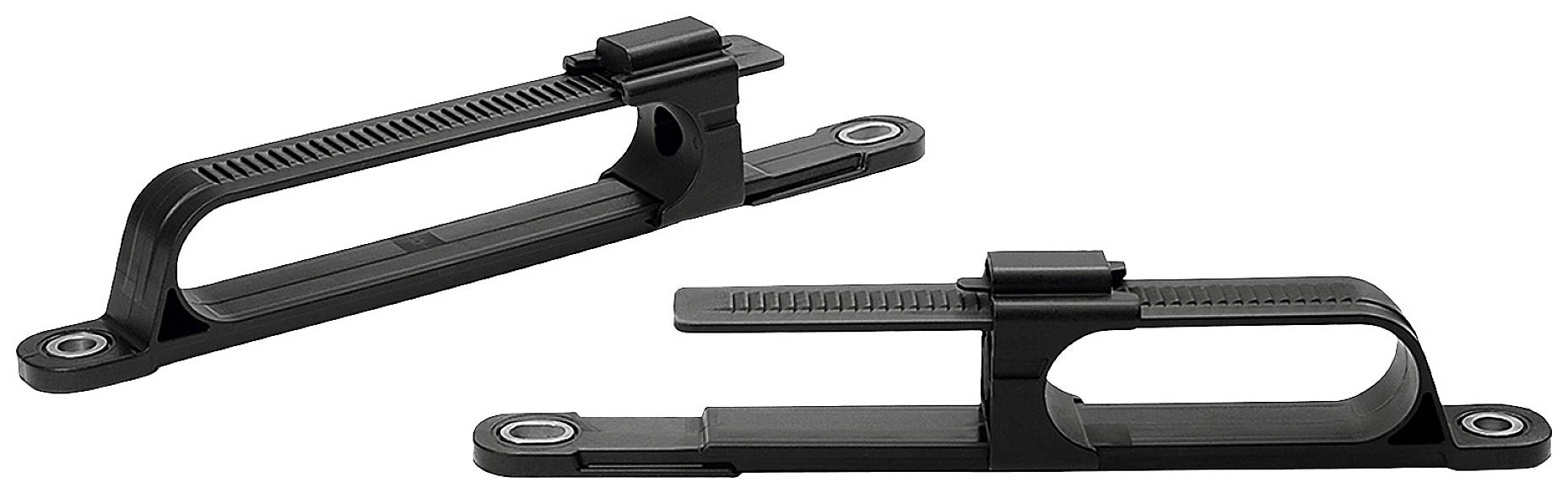 Two black, rectangular brackets with adjustable rails, lying on a light surface. Ideal for mounting purposes.