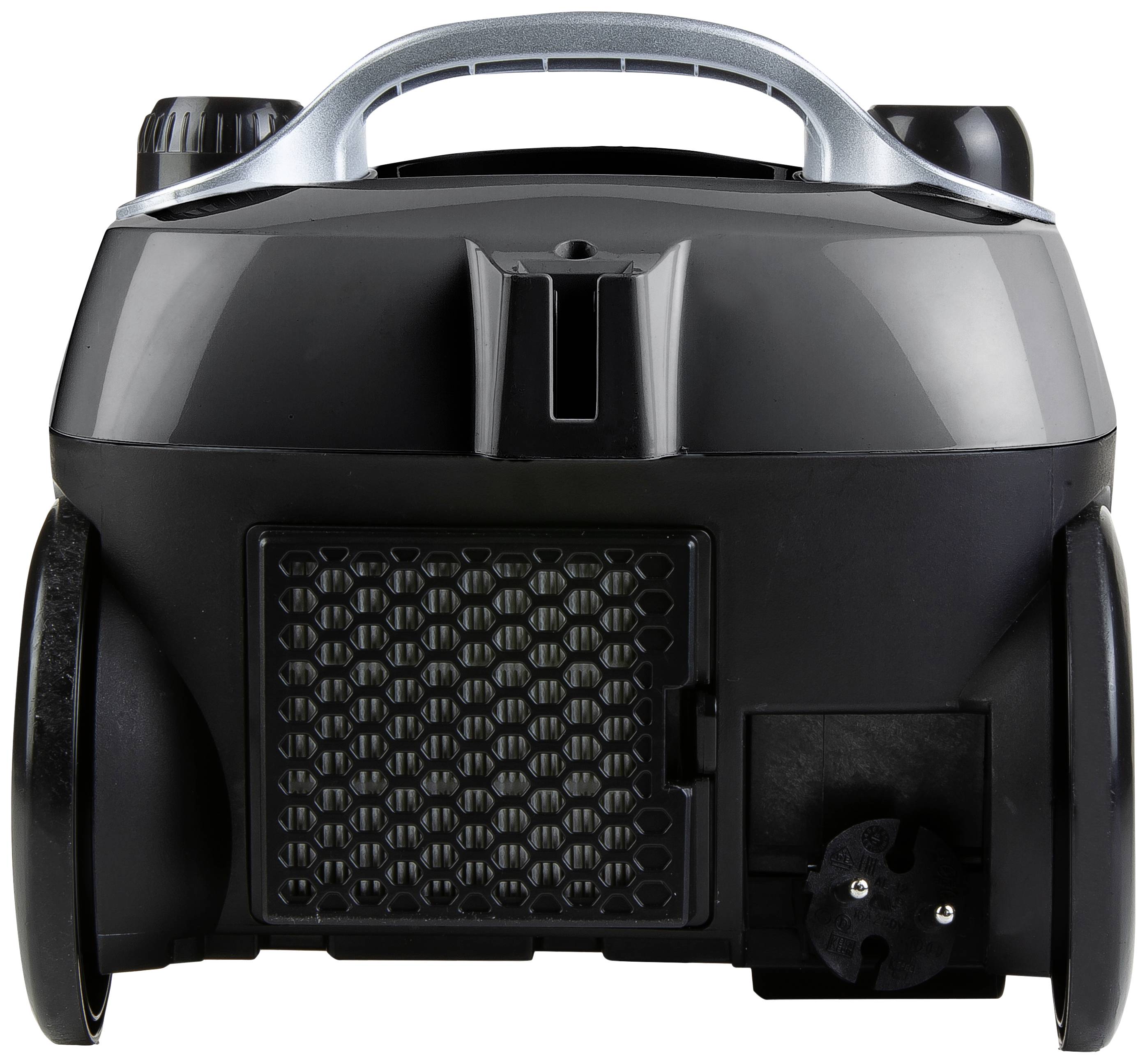 Vacuum cleaner rear view with wheel, handle, and power cord storage.