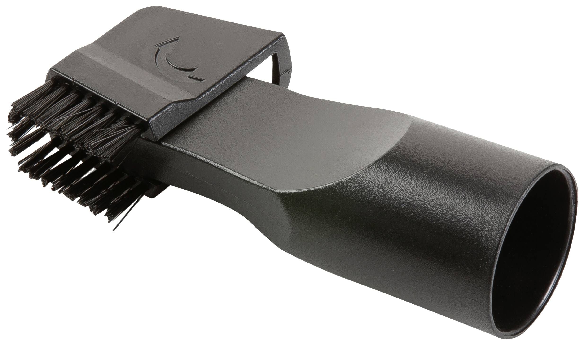 A black jet nozzle with bristles. Often used for vacuum cleaners to remove dirt from surfaces.