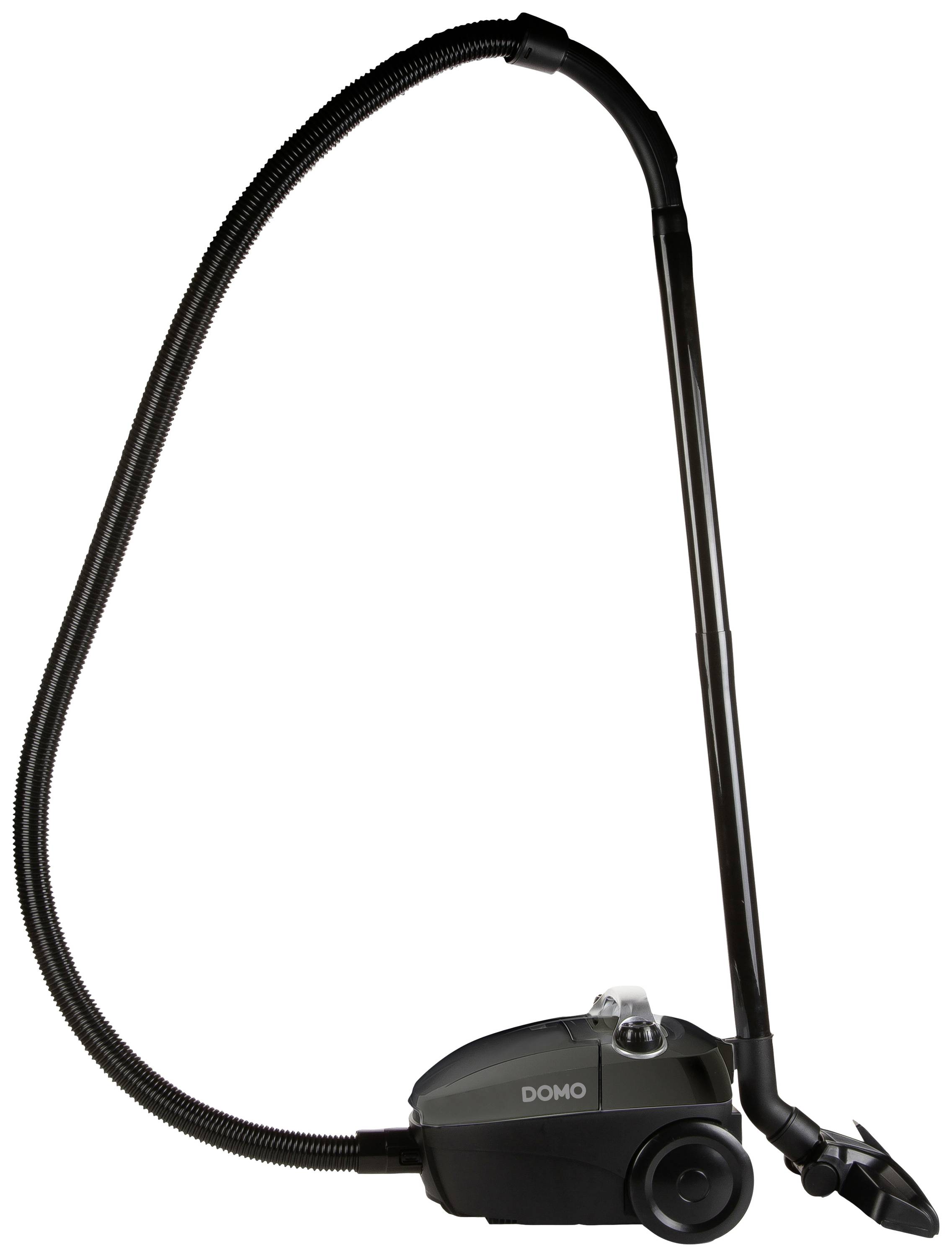 A black Domo vacuum cleaner with a sledge-like shape and hose is standing upright.