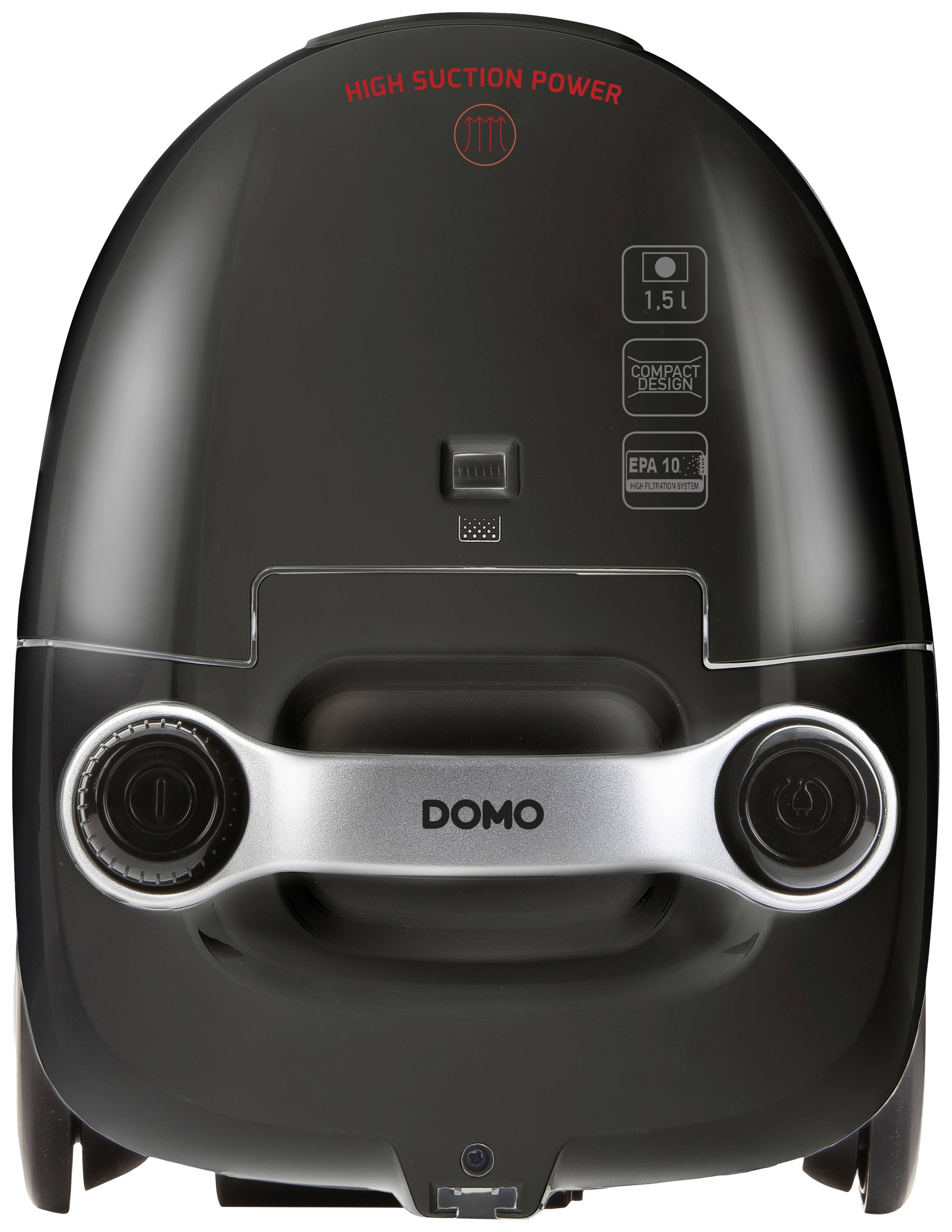 Back of a vacuum cleaner with control elements and levers, prominent red text reading 'High Suction Power', brand logo 'DOMO'.