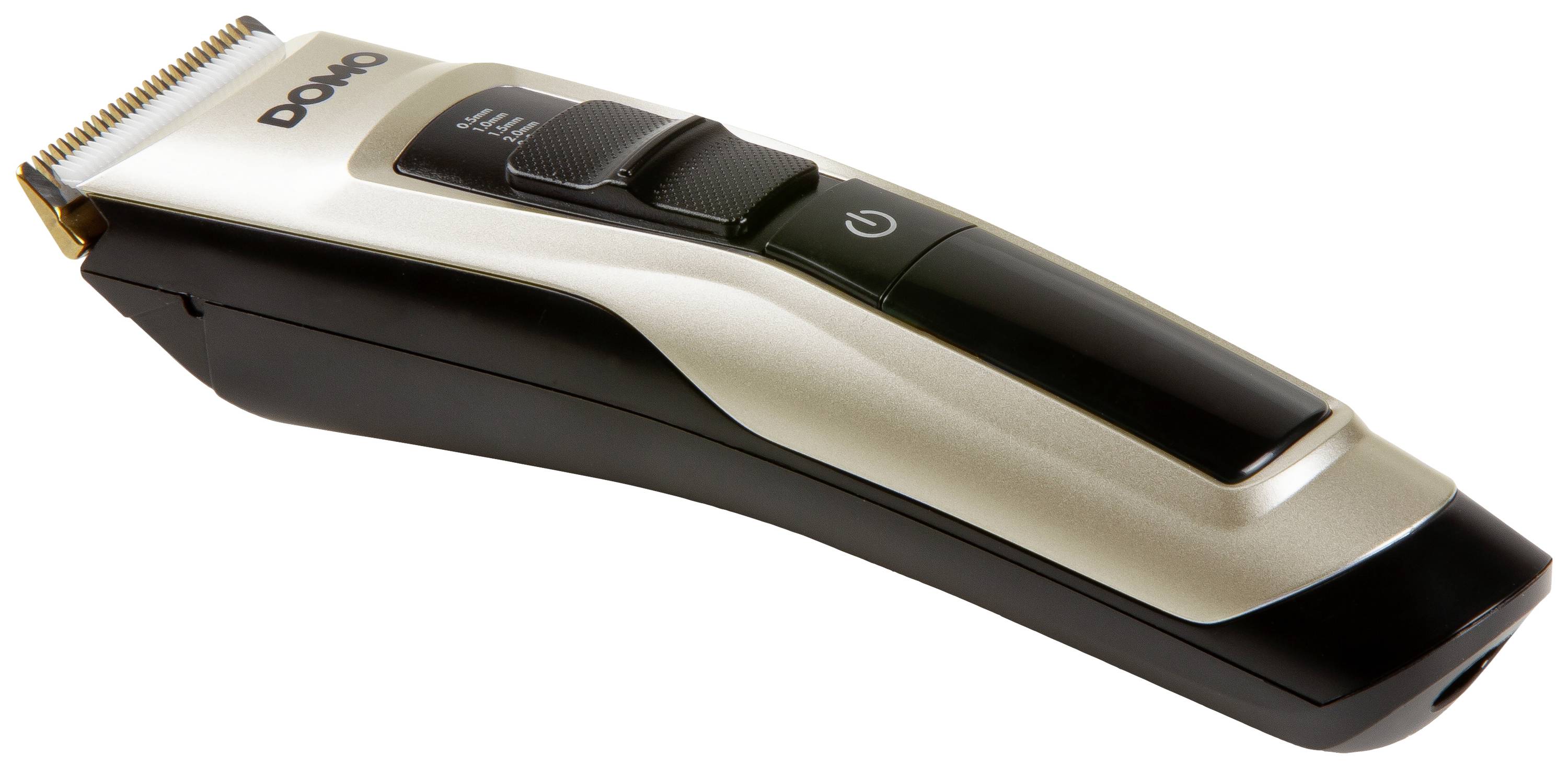 Electric hair clipper in black and silver with side buttons and marked cutting head.