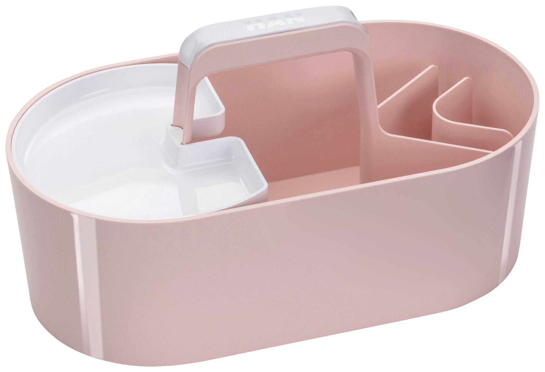 Rose-coloured Plastic Organiser with Handle and Multiple Compartments, Suitable for Sorting and Transporting Small Items.