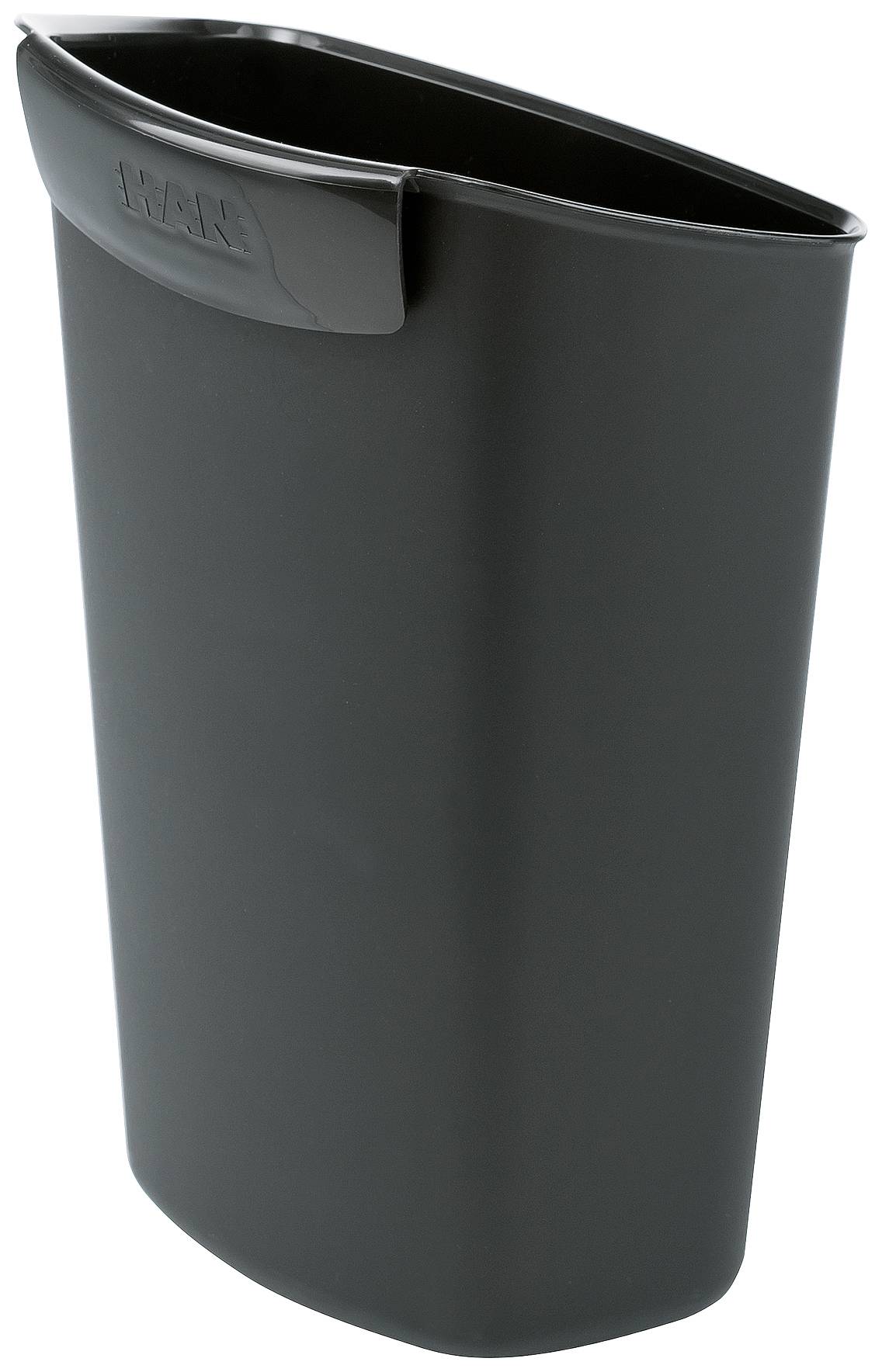 Black, slim waste bin with rounded corners and a handle on the side.